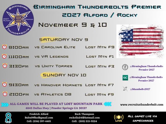 Excited to take the field again with my teammates <a href="/BhamBolts2027/">Birmingham Thunderbolts Premier 2027-Alford/Rocky</a>  at the Veterans Tribute Showcase. Let’s go! ⚡️ #2010 #Classof2028 #Goals <a href="/ExtraInningSB/">EXTRA INNING SOFTBALL</a> <a href="/LineDsoftball/">Line Drive Media</a>