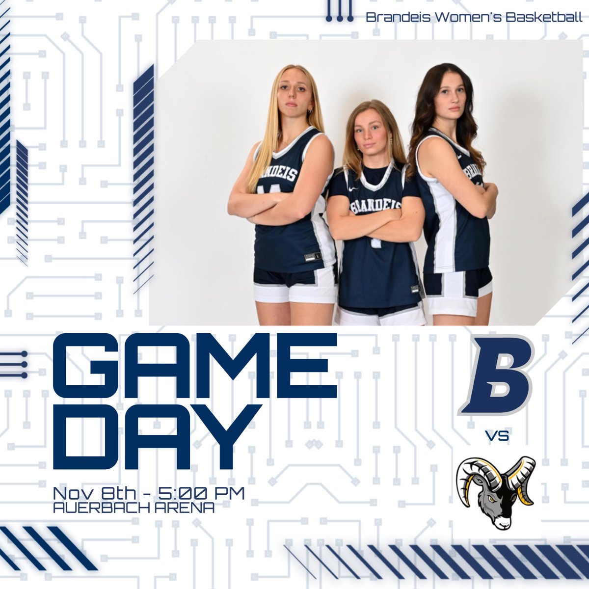 BrandeisWBB's tweet photo. GAME DAY. #RollDeis 💙🎲
The 2024-2025 season begins as we host our Judges Invitational Tournament Nov 8 &amp; 9th!

🆚 Framingham State
⏰5:00
📍Auerbach Arena https://t.co/jCVYdTNiPj