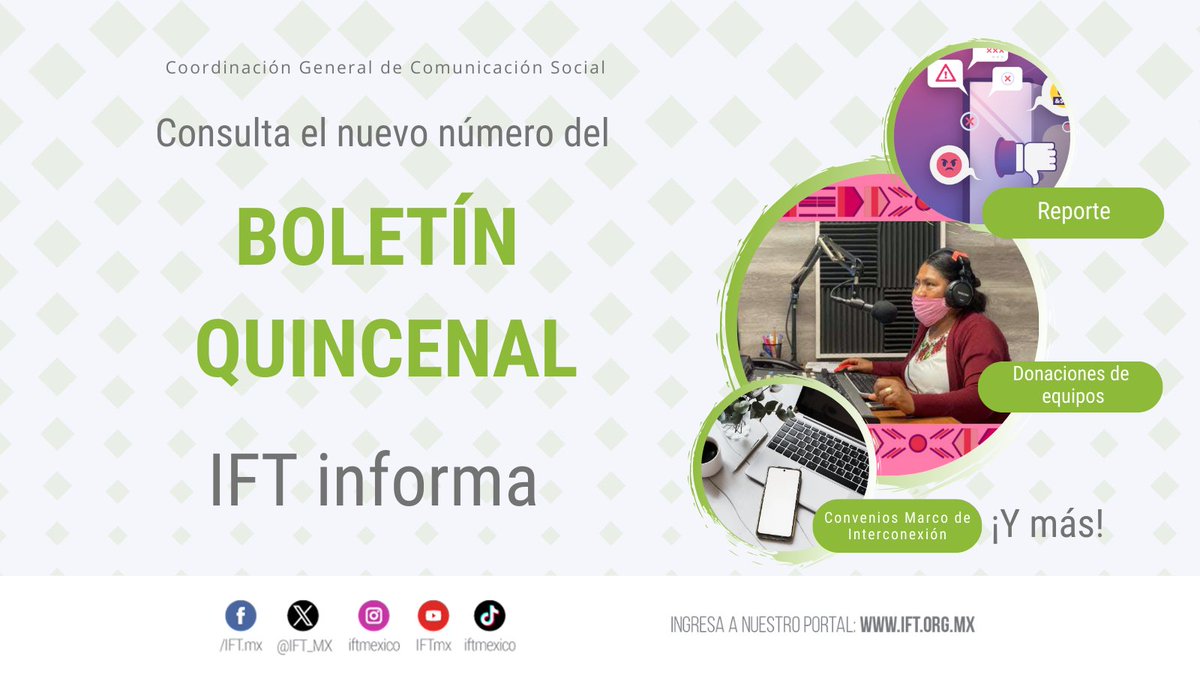 IFT_MX's tweet photo. ¡Ya está aquí el #IFTinforma! 🗞️
En esta nueva entrega podrás leer sobre:
- Resultados de un #ReporteIFT sobre la percepción de las mujeres en la #ViolenciaDigital
- Donación de equipos transmisores 📡
- Patrones de consumo de #MiPymes 📊
👉 https://t.co/KzHGVDLukH https://t.co/LiXE3rrvZN