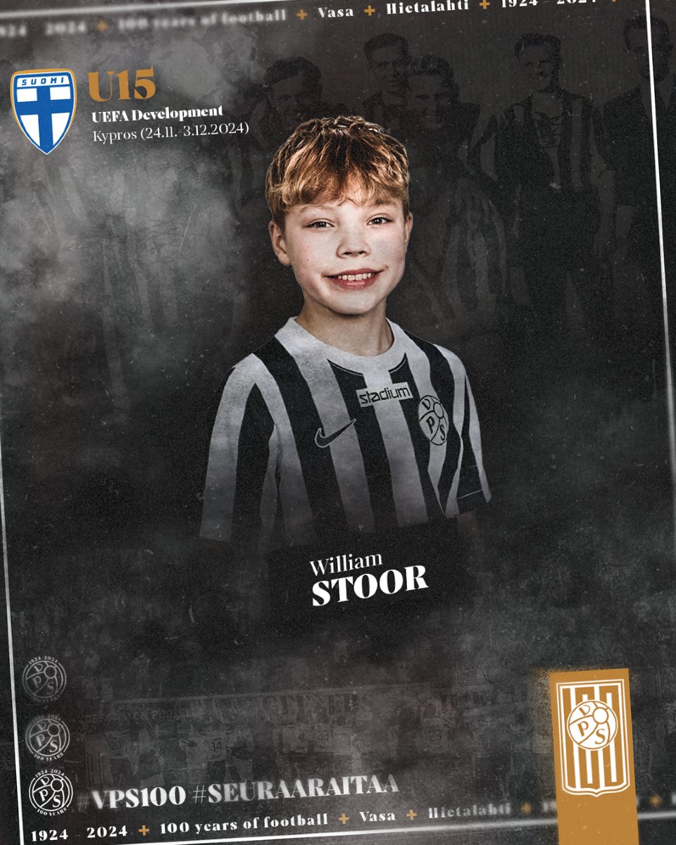 William Stoor VPS Junioreista on valittu U15-maajoukkueen matkaan! 🖤🤍

William osallistuu 2010-ikäluokan UEFA Development-turnaukseen Kyproksella marras-joulukuun taitteessa.

Tsemppiä, William! 👊

#yhdessäseistään #seuraaraitaa #vepsu #vaasa #vasa #veikkausliiga