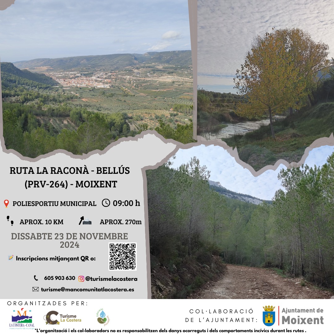 TurismeCostera's tweet photo. 🚶‍♂️ Seguim amb les rutes senderistes! Aquesta vegada anirem fins al municipi de MOIXENT per gaudir del PRV-264 "LA RACONA-BELLÚS"
👩‍👧‍👧 Aquesta ruta és per a tota la família, amb dificultat moderada.

➡Inscriu-te escanejant el codi QR o al link 🔗 https://t.co/jtMN1gWCAa https://t.co/eQndCThfSb
