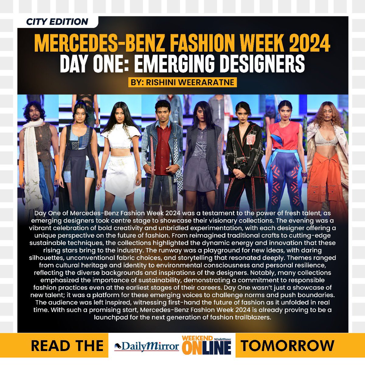 Dailymirror_SL's tweet photo. Mercedes-Benz Fashion Week
Day One: Emerging Designers 

By: Rishini Weeraratne 

Read the Daily Mirror Weekend Online City Edition Tomorrow!

#MBFWSriLanka #EmergingDesigners #RishiniWeeraratne #FashionWeek2024 #DailyMirrorWeekend #SriLankaFashion #NewTalent #FashionSpotlight #RunwayHighlights #StyleInnovation #aod