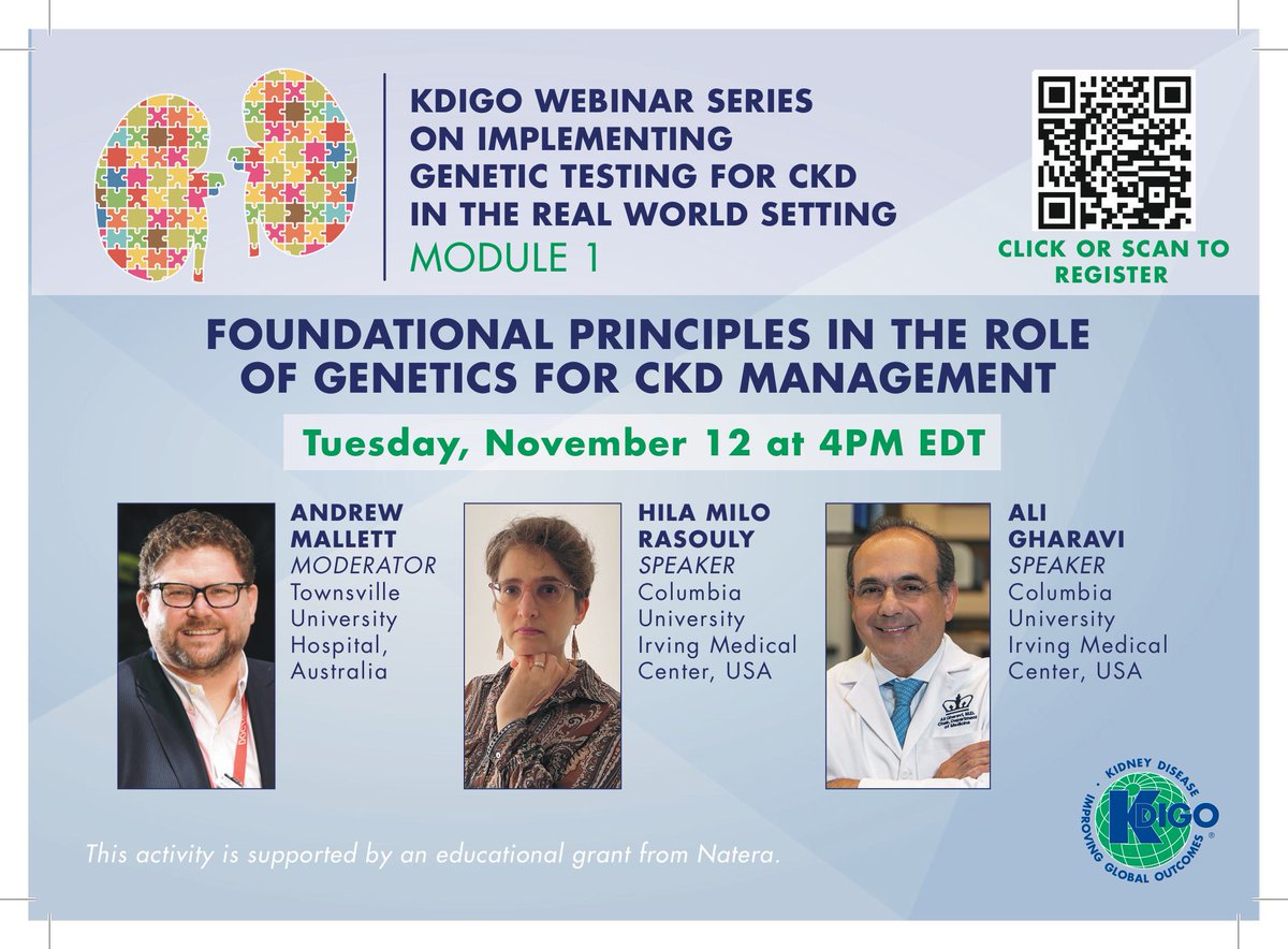 KDIGO (@gokdigo) on Twitter photo Reminder: Join us on Tuesday, November 12, at 4:00 PM ET for the first webinar in an exciting new KDIGO webinar series on implementing genetic testing for CKD.
Register: kdigo.co/2024-Genetics-…
Professors <a href="/AndrewMallett8/">Prof Andrew Mallett</a>, Ali Gharavi, MD, and <a href="/HilaMilo/">Hila Milo Rasouly</a> will discuss key messages Reminder: Join us on Tuesday, November 12, at 4:00 PM ET for the first webinar in an exciting new KDIGO webinar series on implementing genetic testing for CKD.
Register: kdigo.co/2024-Genetics-…
Professors <a href="/AndrewMallett8/">Prof Andrew Mallett</a>, Ali Gharavi, MD, and <a href="/HilaMilo/">Hila Milo Rasouly</a> will discuss key messages