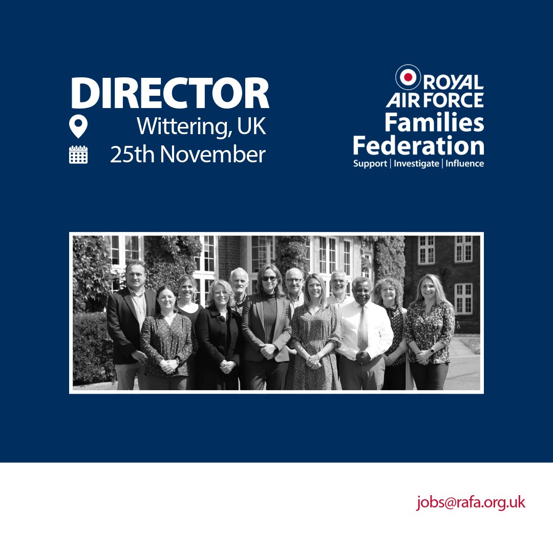 Our director, Maria, is moving on. 
We are looking for someone passionate &amp; dedicated to lead us forward, making positive changes for RAF personnel and families. 
📅 Deadline 25/11/24
📍 Wittering
🔗Role profile bit.ly/40ytbQI 
#JobOpportunity #Leadership