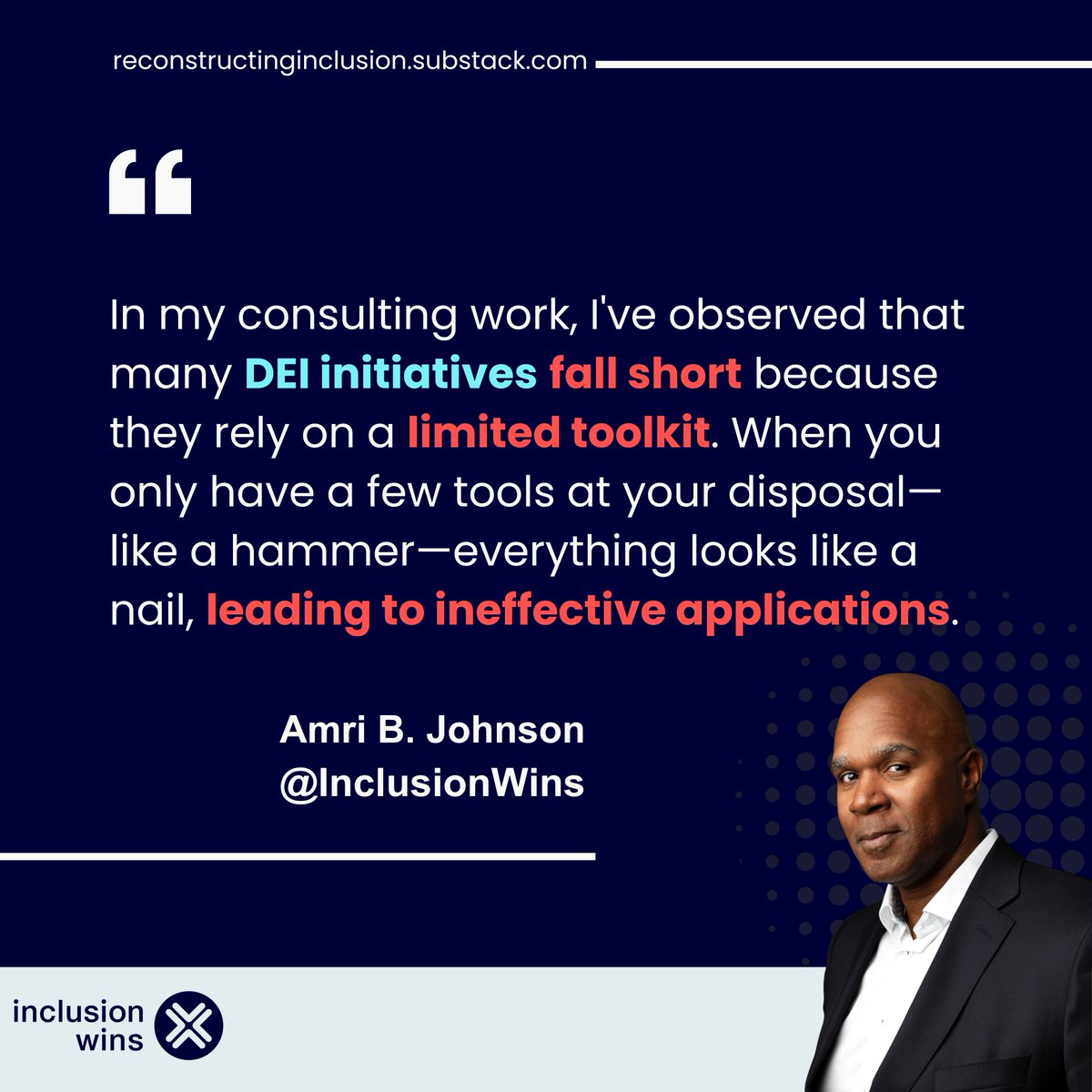 Ready to elevate your #DEI efforts? 📈

Let's break free from the one-size-fits-all approach. ⛓️‍💥💥🔨

Expand your DEI toolkit with <a href="/AmriJohnson/">Amri B. Johnson</a> and <a href="/inclusion_wins/">Inclusion Wins</a> !⚒️⛏️🔦