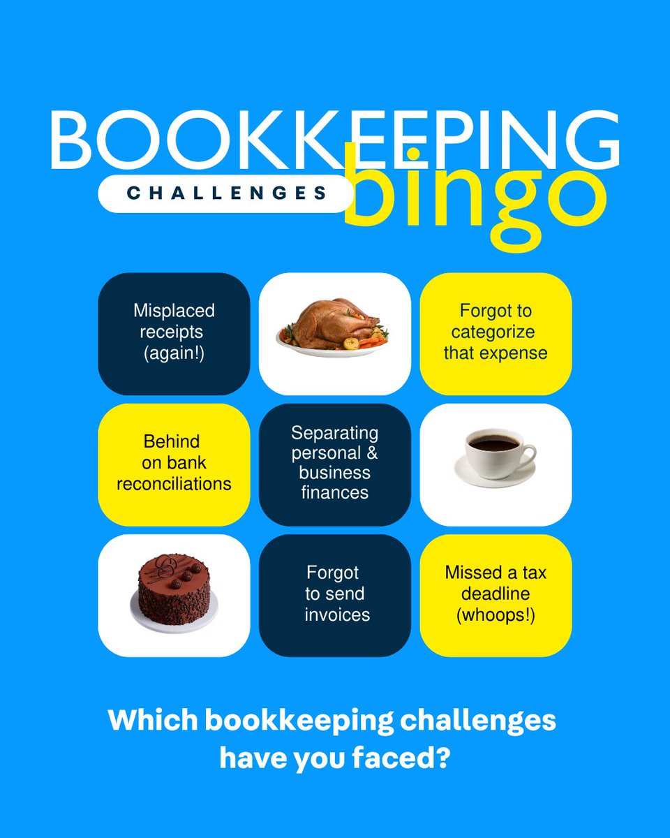 BLTAdvisors's tweet photo. Running a business is tough, but keeping up with your bookkeeping can be even tougher! 

How many of these challenges are you facing?

If bookkeeping feels overwhelming 😩, we’re here to help you every step of the way! 🙌

#BookkeepingisFun #Bingo #TaxAssistAdvisors https://t.co/Jxj8a7eZxF
