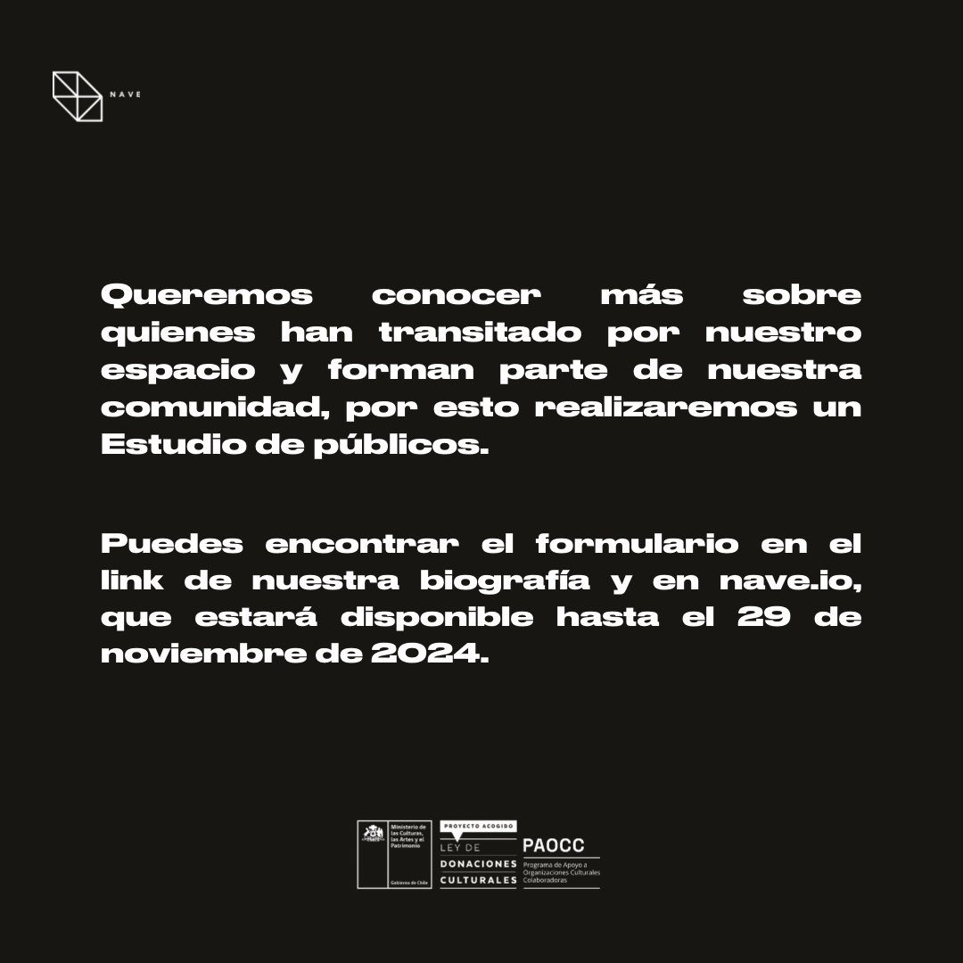 centro_nave's tweet photo. ¿Eres artista y pasaste por NAVE?🧐 Nos gustaría conocer más sobre quienes han transitado por nuestro espacio y forman parte de nuestra comunidad, por esto realizaremos un Estudio de Públicos ⭐️ https://t.co/A05mzFKErP