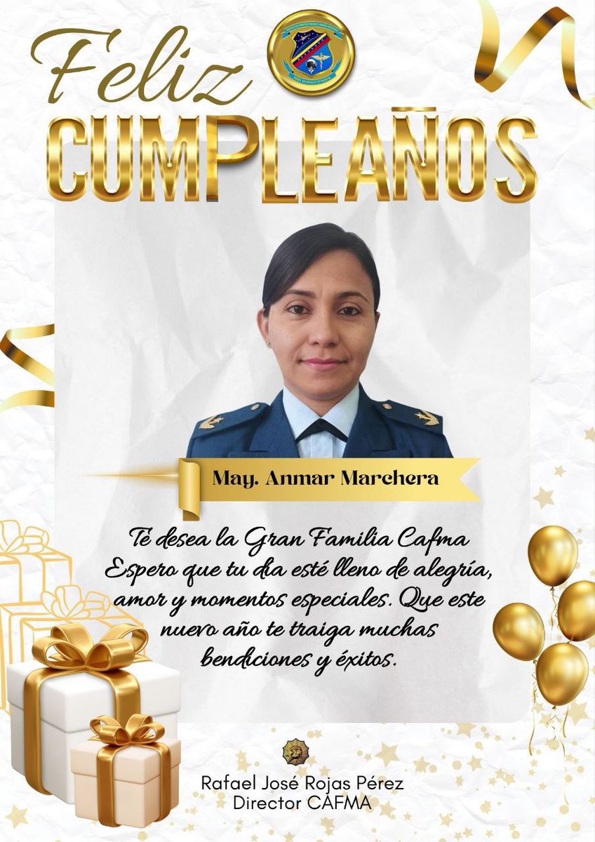 #08Nov// El GB. Rafael Rojas Pérez Director, junto a la Gran Familia #CAFMA, se complacen en Felicitar a nuestra compañera de trabajo la May. Anmar Marchena, por arribar a un año más de grata y feliz existencia. Que Dios le dé muchas Bendiciones en su día.

¡Feliz Cumpleaños!