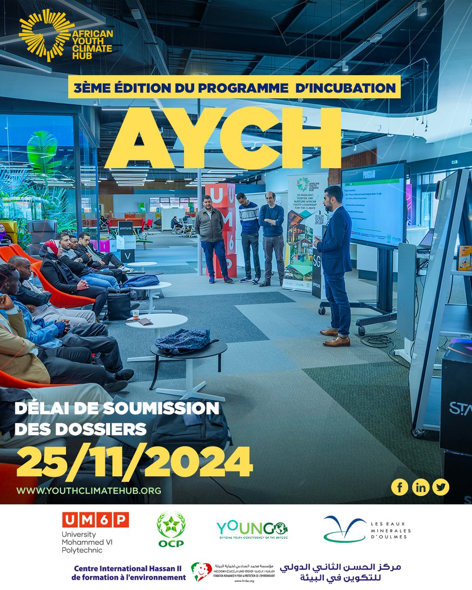 La 3e édition de l'African Youth Climate Hub est officiellement lancée ! ✨
Jeunes entrepreneurs africains, c'est votre moment pour briller.
Inscrivez-vous dès maintenant et façonnez l'avenir avec nous !

youthclimatehub.org

#AYCH #EntrepreneuriatAfricain