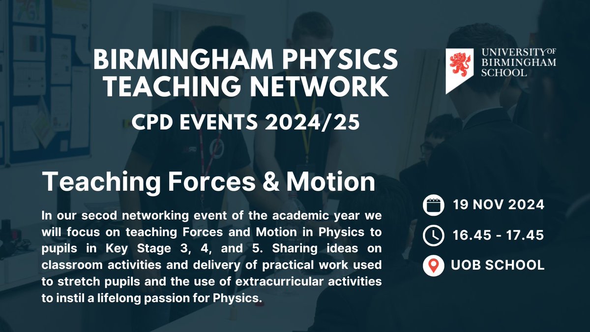 Our next Physics CPD event is on Tuesday 19 November 'Teaching Forces &amp; Motion in Physics'. Open to all professionals teaching and/or supporting #physics in schools. For more details and to register, visit: tinyurl.com/3a75f7m5
#ChatPhysics #schools #CPD #teach #edutwitter