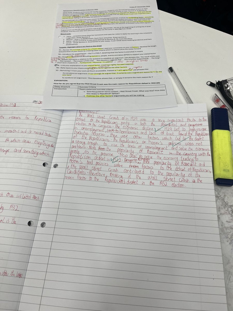 MissJBelch's tweet photo. Writing thesis statements today with Y12 HSAEL historians. We codified what made an excellent thesis. We created a success criteria - students made bounds of progress, showing the importance of 1) a clear Teacher led exposition 2) simplified and codified criteria. https://t.co/vFwemqqEOS
