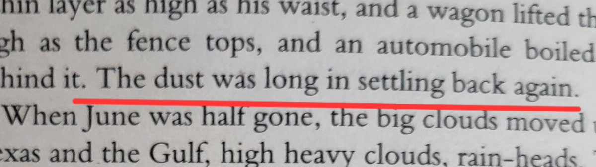 Something, hardly escapism after this week, drove me to finally open this⬇️ classic.
As [spolier] climate disaster,  economic misery &amp; enforced migration get set to befall the ordinary folk of middle 🇺🇲, Steinbeck's opening words seem chillingly prophetic: "To the red country..."
