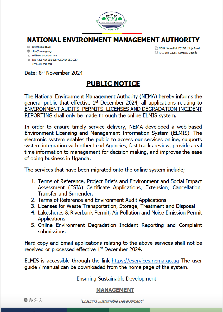 nemaug's tweet photo. PUBLIC NOTICE!
All applications relating to ENVIRONMENT AUDITS, PERMITS, LICENSES AND DEGRADATION INCIDENT REPORTING shall now be accessed through our e-services platform Environment Licensing and Management Information System (ELMIS). Link: https://t.co/RaAxdecHbv. https://t.co/KAOXzGDuoB
