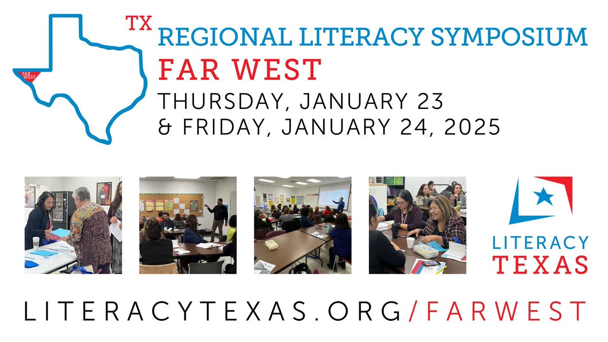 LiteracyTexas's tweet photo. El Paso friends - save the date for the next Far West Symposium! Last year's 2-day event was so popular that we're coming back for two more days of learning.

Mark Jan 23 &amp; 24, and we'll share more info as it's confirmed.

https://t.co/EvcMvWXJag 

#TXLiteracySymposium https://t.co/YpjMtJ0Evh