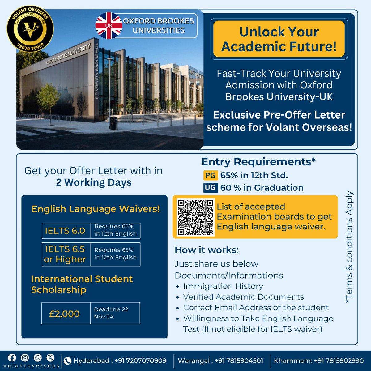 VolantOverseas's tweet photo. Unlock Your Academic Future with Volant Overseas! 🚀

⏳ Get your Offer Letter within 2 Working Days!

#OxfordBrookesUniversity #studyinUK #volantovereasas #hyderabad #visaapplication #mallareddyuniversity #studyabroad #uk #jntuh #studyincanada #ukjobsearch #warangal https://t.co/ENjiSUyfEv