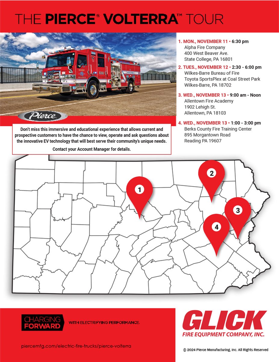 COMING TO PA NOVEMBER 11-13!
The New Pierce #Volterra #Pumper is on a road tour across North America, heading to the PA Area on Nov 11 in State College! Contact your GLICK Account Manager for more information! #glickfire  #electricvehicle #piercefireapparatus #firstresponders