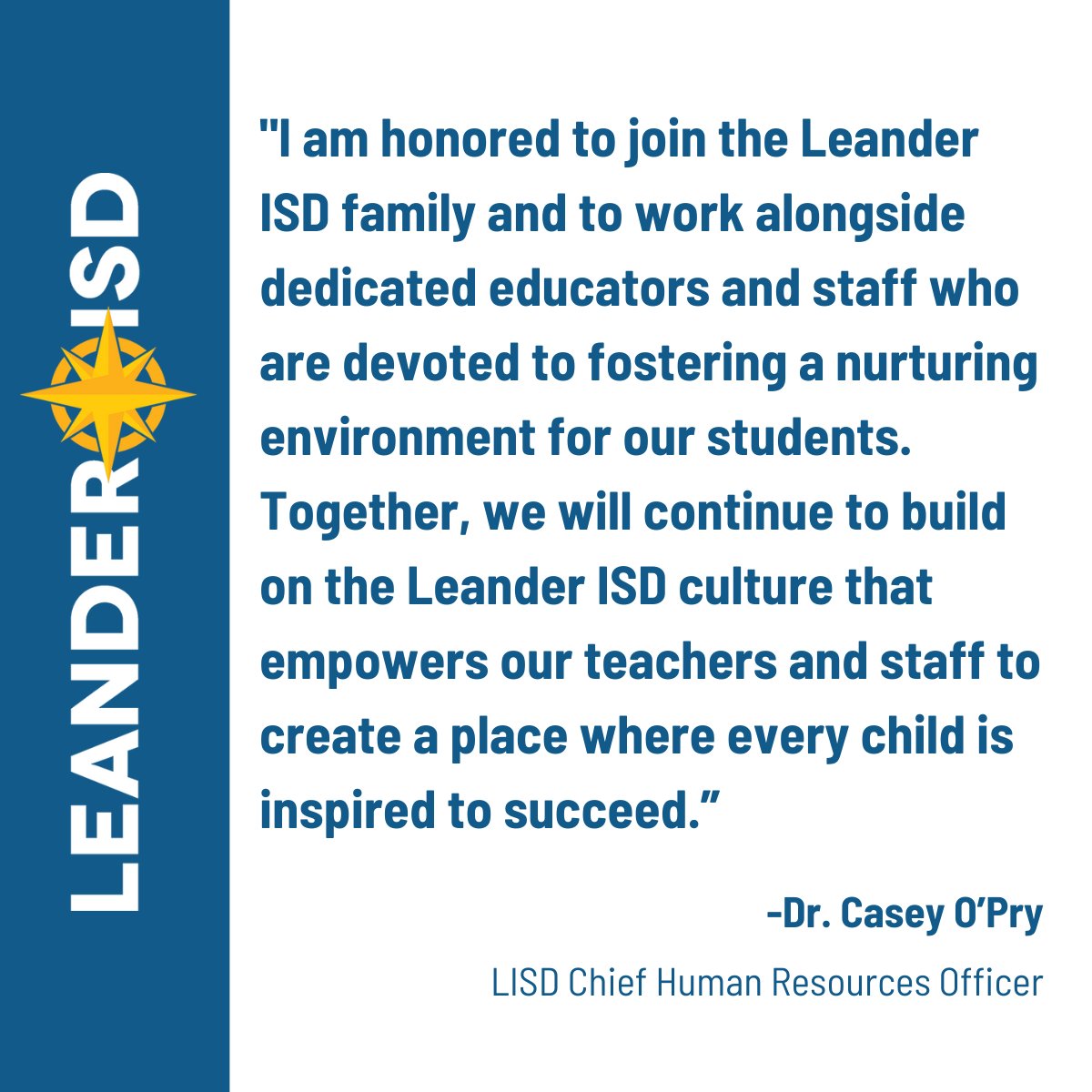 LeanderISD's tweet photo. #1LISD is pleased to welcome Casey O'Pry, Ed.D. to the role of Chief Human Resources Officer.
Read more: https://t.co/dmyBgKaiqU
#ForceOfTheFuture https://t.co/7KoUePhTZI