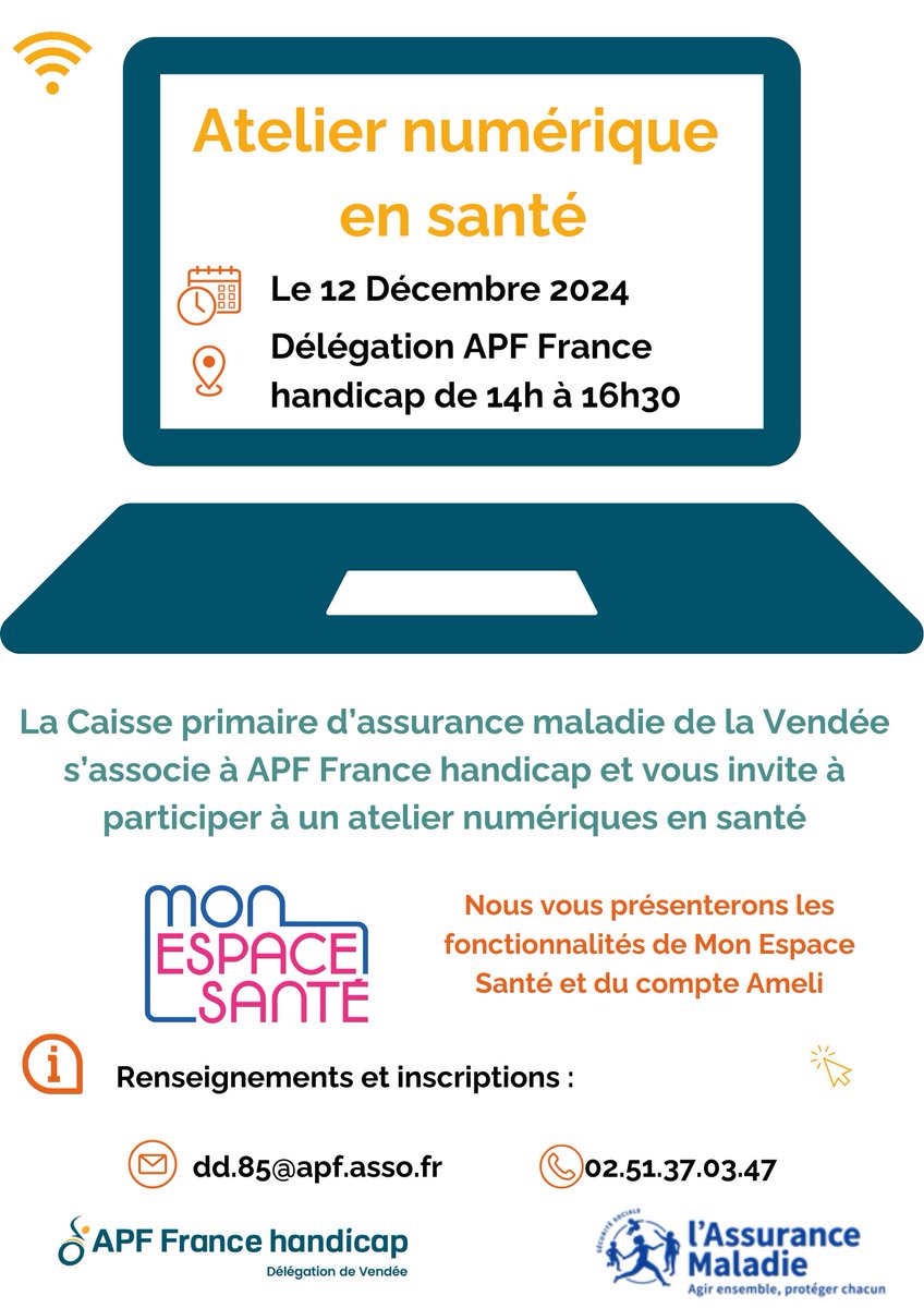 🤔Envie d'en apprendre plus sur Mon Espace Santé / votre compte Ameli ? 
La <a href="/cpam85/">CPAM Vendée Actu</a> et APF France handicap s'associent et vous invitent à participer à un atelier numérique🖥️en santé 🗓️ le 12/12
Grâce à cet atelier, le fonctionnement de ces outils n'aura plus de secret pour vous😉