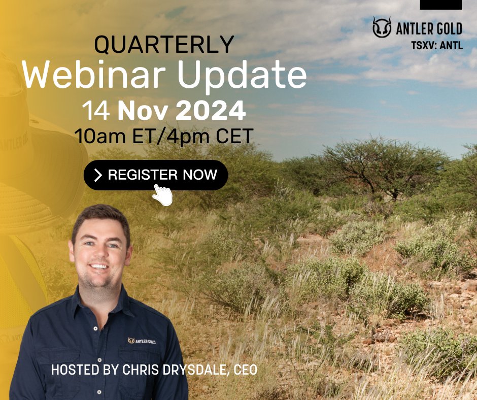 AntlerGold's tweet photo. Join $ANTL.V live investor webinar on Nov 14th where CEO Chris will discuss Antlers latest developments, including the recently finalized Erongo Gold Project agreement.

Ask questions during our Q&amp;A session: https://t.co/DpFqKtR1sZ

#globalsupplychain #miningnews https://t.co/pLNLxHX1jX