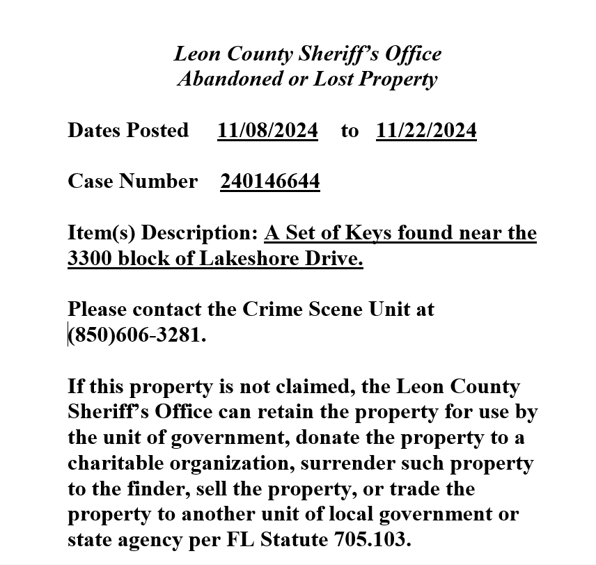 LeonSheriff's tweet photo. FOUND PROPERTY NOTICE:
Must be claimed by the end of the business day on November 22nd, 2024. https://t.co/O5DixoEhTh
