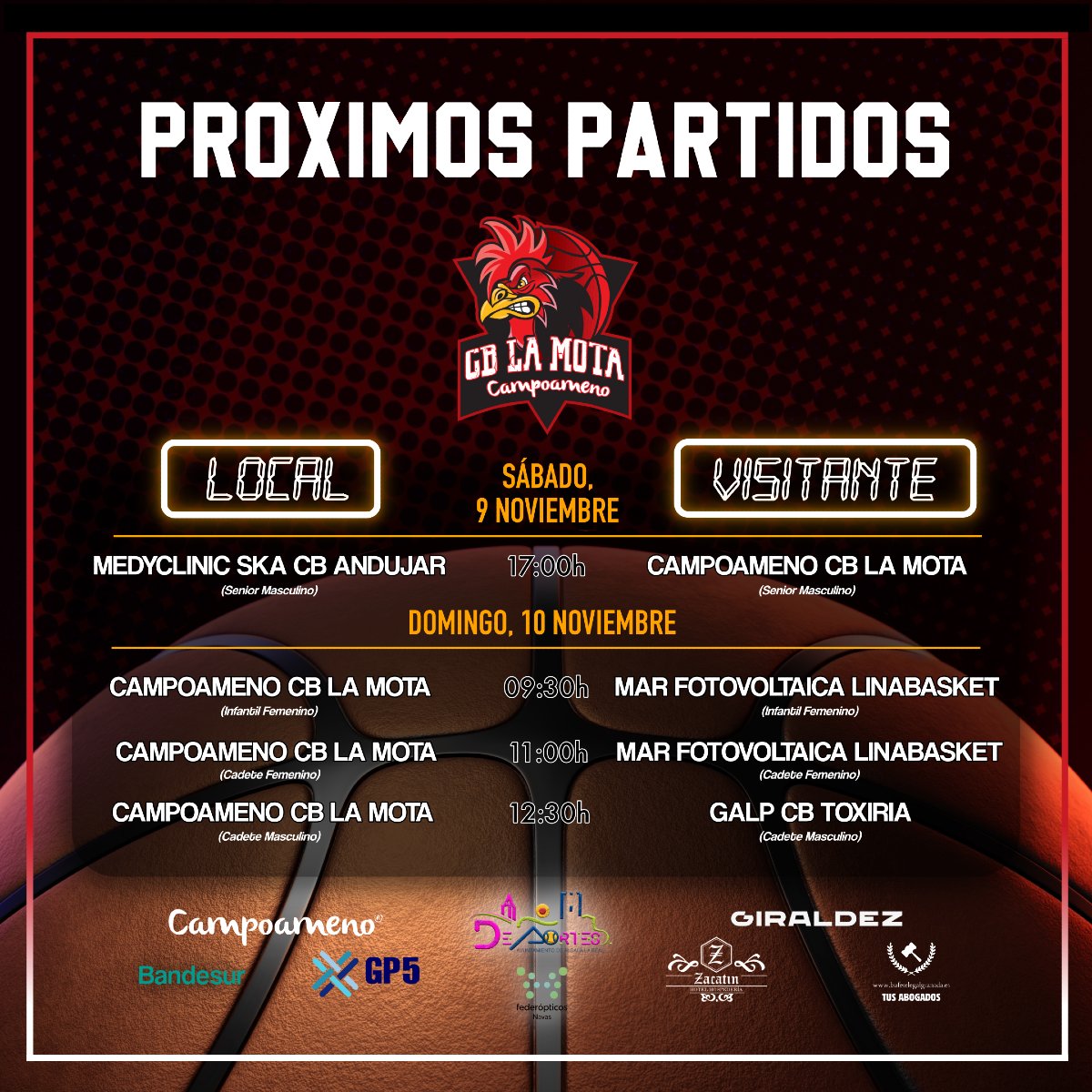 🏀✨ ¡Este finde viene cargado de tiros a canasta y adrenalina! 🔥❤️ Nuestos equipos de 𝗖𝗔𝗠𝗣𝗢𝗔𝗠𝗘𝗡𝗢 𝗖𝗕 𝗟𝗔 𝗠𝗢𝗧𝗔 se preparan para darlo TODO en cada partido ✌🏻

💡 Recuerda, siempre puedes acudir para APOYARNOS! ✨  
.
#cblamota #baloncesto #alcalalareal #basket