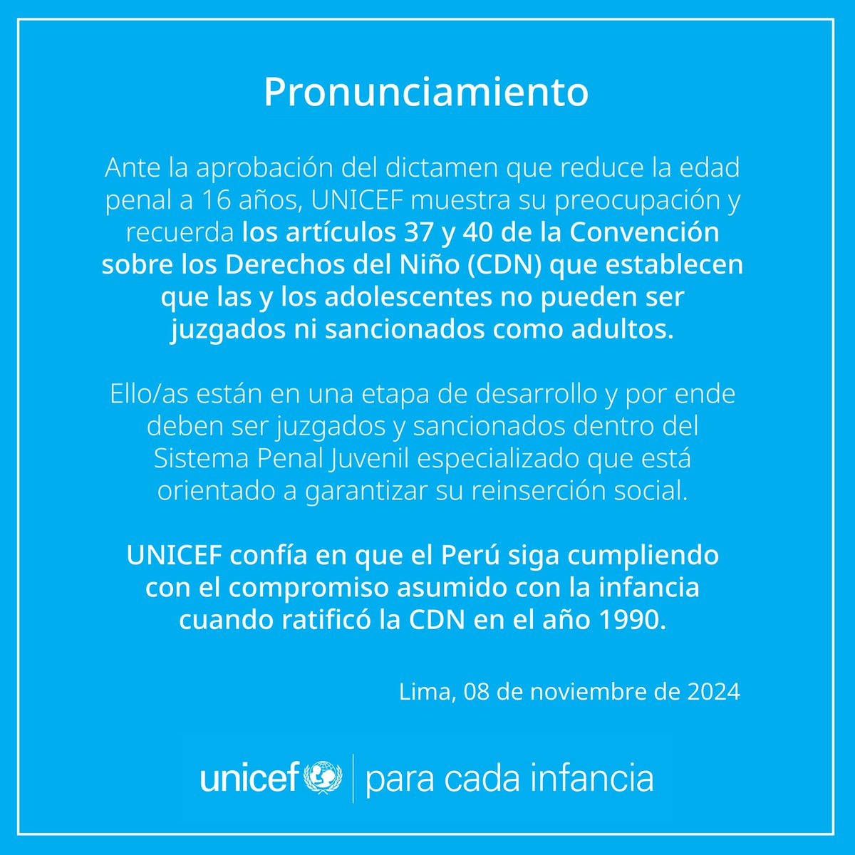 Ante la reducción de la edad penal a 16 años, desde UNICEF recordamos que los y las adolescentes deben ser juzgados en un sistema penal juvenil especializado, que priorice su reinserción social.