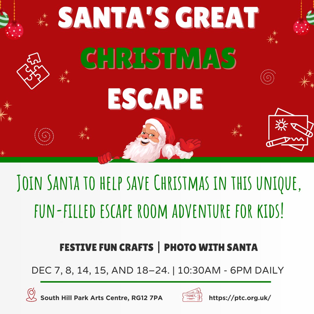 🎅 Santa needs little heroes to help save Christmas! Join Santa’s Great Escape—an adventure filled with puzzles, games, and a special meet-and-greet with Santa himself! 

📅 Dec 7 - 24 | 🎟 1 free adult ticket with every child ticket!
 #SantaEscapeRoom #ChristmasFun #Christmas