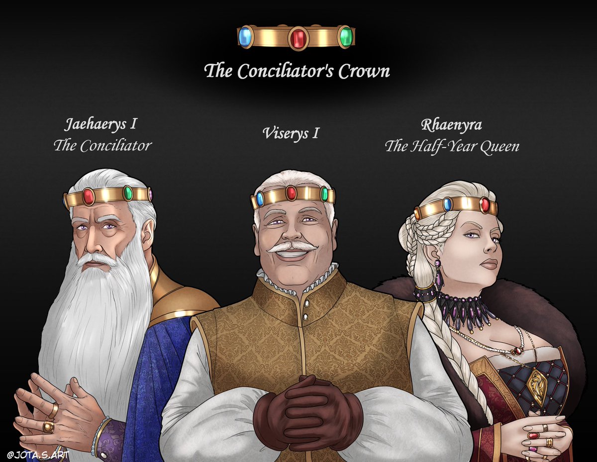 Targaryen Crowns 👑 Part 2 commissioned by me with the amazing Jota.S.Art

The Conciliator’s Crown 

Worn by: Jaehaerys I, Viserys I, Rhaenyra I

Fate: Sold by Queen Rhaenyra for passage
