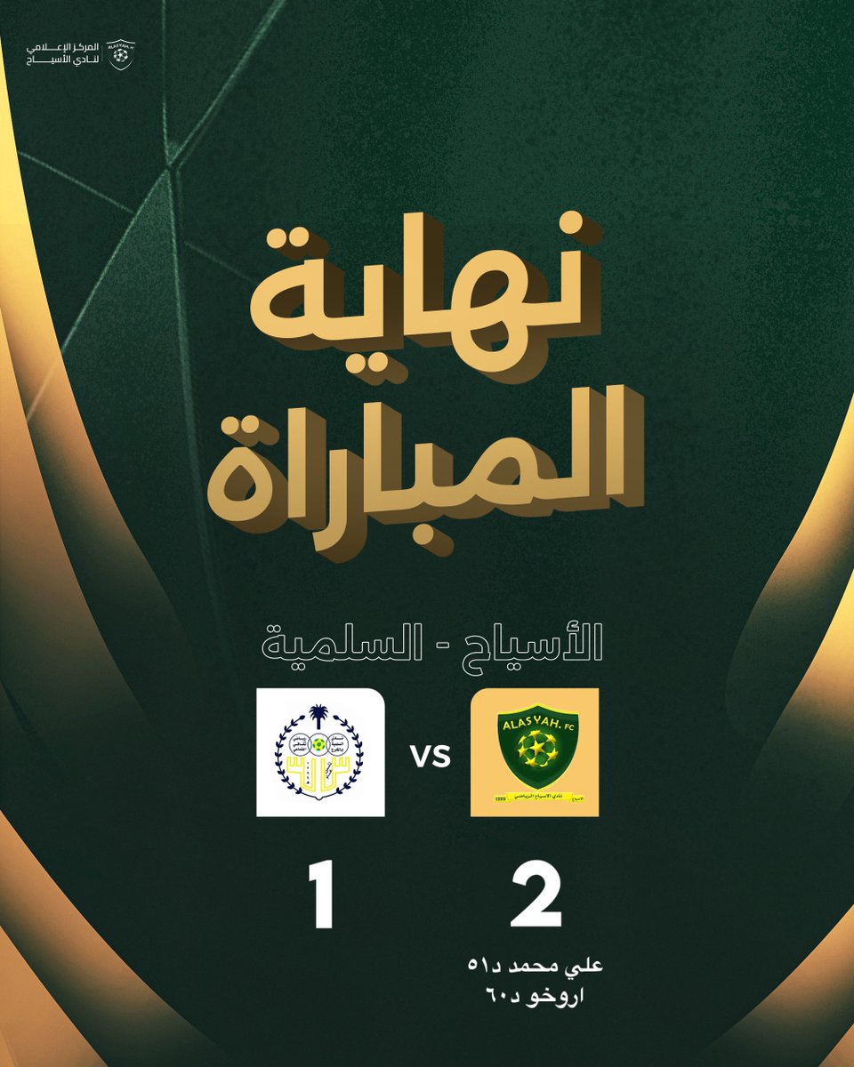 ⏱️| نهاية المباراة :

#الاسياح 2✖️السلمية 1

علي محمد ⚽️
اروخو ⚽️

مبرووككك ي رجال 💪🏻💛💚

#الاسياح
#دوري_الدرجة_الثالثة