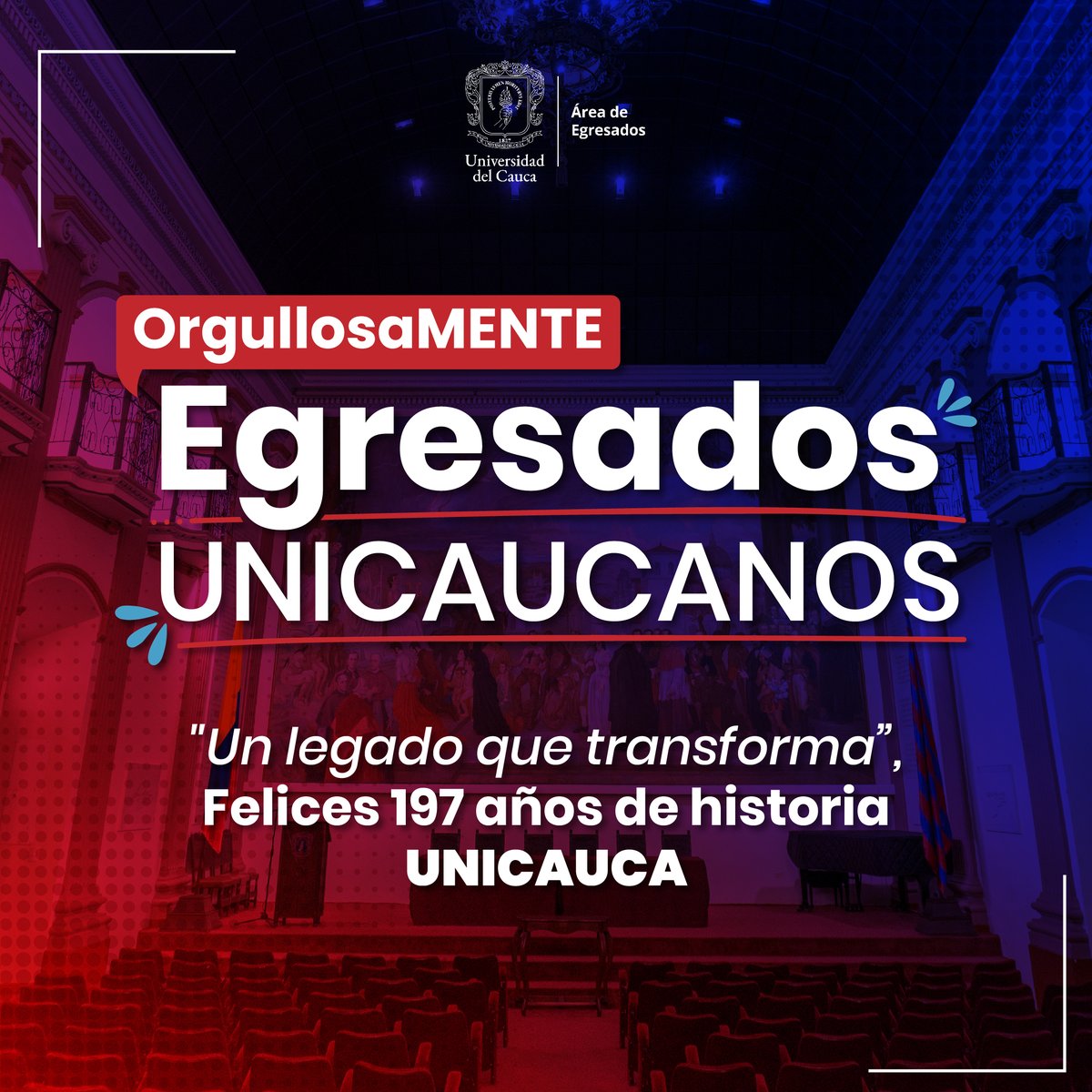 #EgresadosUnicauca⁣
📣Hoy es el cumpleaños número 𝟭𝟵𝟳 de nuestra alma mater 💙❤️ y es la ocasión perfecta para celebrar con orgullo el ser EGRESADOS Y EGRESADAS UNICAUCANAS🤝 

¿Cuéntanos que te hace sentir orgullos@s de ser Unicaucan@s?
