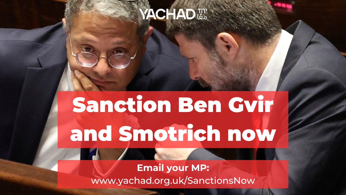 Yachad UK (@yachaduk) on Twitter photo Tell the British Gvt: Sanction Ben Gvir & Smotrich NOW
These extremists at the heart of the Israeli gvt want to empty northern Gaza of Palestinians & resettle it.
<a href="/Keir_Starmer/">Keir Starmer</a> has already said he’s considering it but he must act now.
Write to your MP yachad.org.uk/SanctionsNow Tell the British Gvt: Sanction Ben Gvir & Smotrich NOW
These extremists at the heart of the Israeli gvt want to empty northern Gaza of Palestinians & resettle it.
<a href="/Keir_Starmer/">Keir Starmer</a> has already said he’s considering it but he must act now.
Write to your MP yachad.org.uk/SanctionsNow