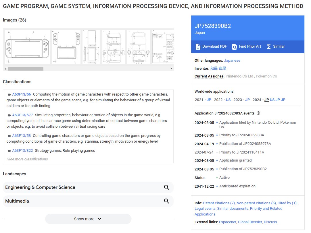 Pocketpair (Palworld) details patent infringement lawsuit from The Pokemon Company/Nintendo pocketpair.jp/news/20241108

-Details 3 patents infringed
-Seeks injunction against Palworld
-Payment of 5 million yen plus late payment damages to Pokemon Company &amp; Nintendo