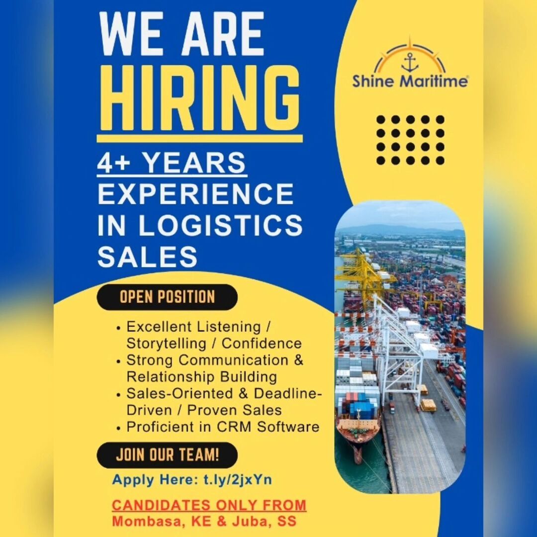 ShineMaritime's tweet photo. 🌟#JOB #OPPORTUNITY: Logistics Sales🌟 🌍 Join Our Team / #Juba #SS #SSOT #Mombasa #KE / DEADLINE: Nov. 15, 2024 / APPLY HERE: https://t.co/lEST3ckQDF / #JD: https://t.co/Jgce86CYsq #JobOpportunity #Logistics #HiringNow https://t.co/SrGS5H4Xuk https://t.co/rlKRCmbN7p