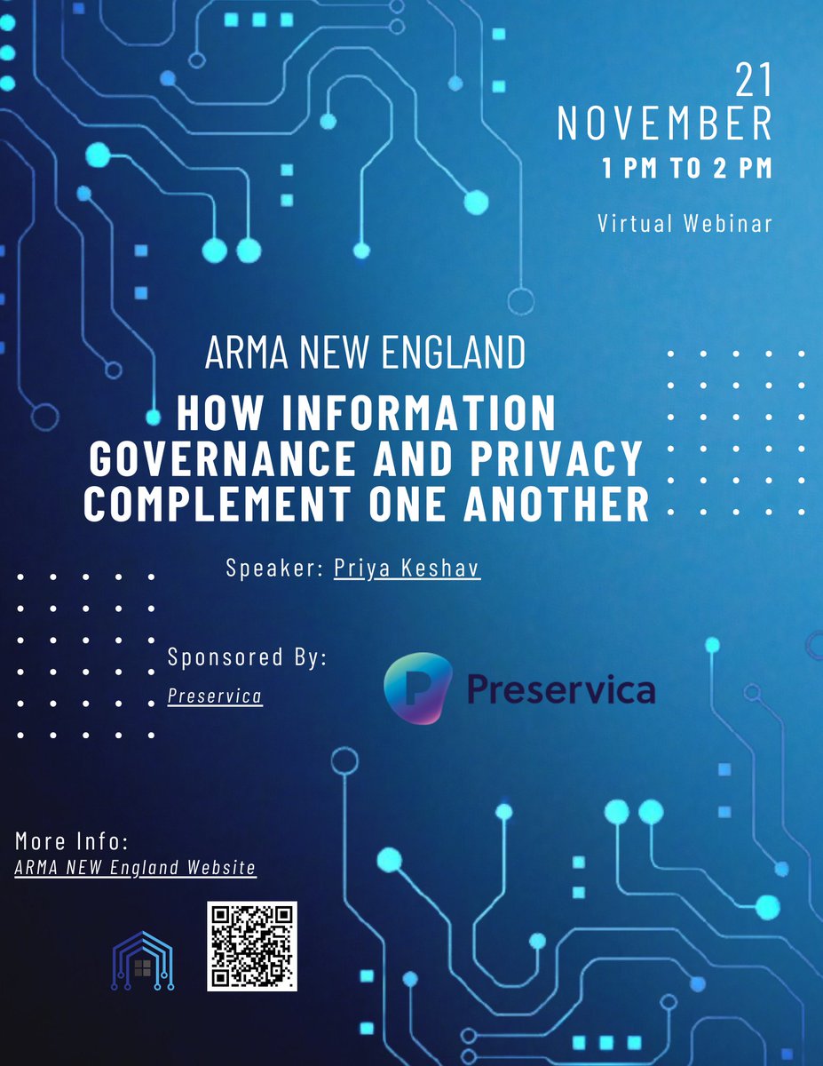 We hope to see you all at this month's virtual chapter meeting on November 21st. Privacy &amp; Information Governance go hand in hand. This session will walk you through how they complement one another.
Register today to hold the spot on the calendar. 
lnkd.in/gz4CfS7m