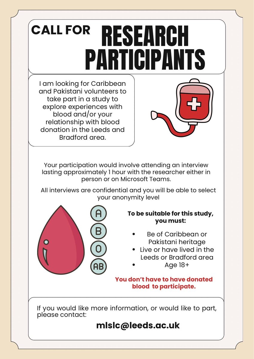 Hematopolitics (@hematopolitics) on Twitter photo 🩸 CALL FOR RESEARCH PARTICIPANTS 🩸 Our brilliant PhD student <a href="/sarahlchadwick/">Sarah Chadwick</a> is looking for participants for her project on blood donation and social difference. If you're of Caribbean or Pakistani heritage, please consider reaching out via the email address on the poster! 🩸 CALL FOR RESEARCH PARTICIPANTS 🩸 Our brilliant PhD student <a href="/sarahlchadwick/">Sarah Chadwick</a> is looking for participants for her project on blood donation and social difference. If you're of Caribbean or Pakistani heritage, please consider reaching out via the email address on the poster!