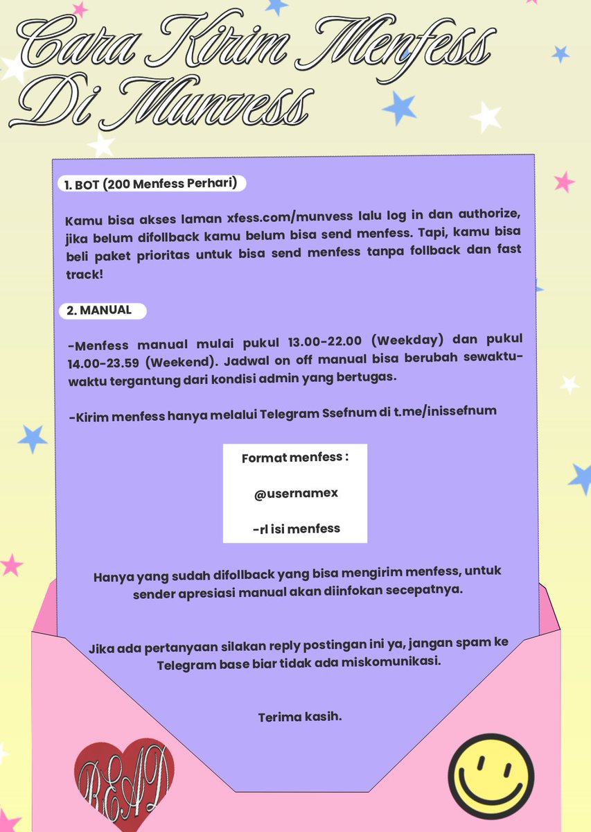 munvess's tweet image. [ INFORMASI MENFESS MANUAL ] 

HELP RETWEET

Halo teman-teman, dengan besarnya antusiasme teman-teman semua dan terbatasnya peraturan dari X. Maka kami membuka kembali menfess manual, akan aktif mulai tanggal 9 November 2024. Tata cara mengirim menfess silakan cek di bawah. Ada…