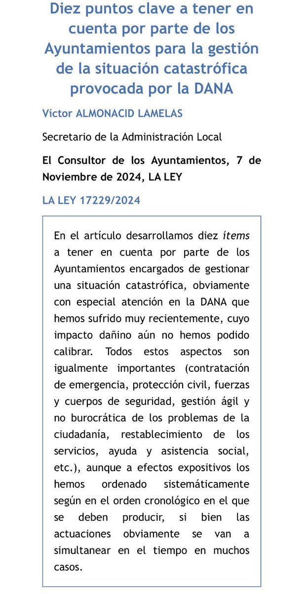 Diez puntos clave a tener en cuenta por parte de los Ayuntamientos para la gestión de la situación catastrófica provocada por la DANA elconsultor.laley.es/Content/Docume…