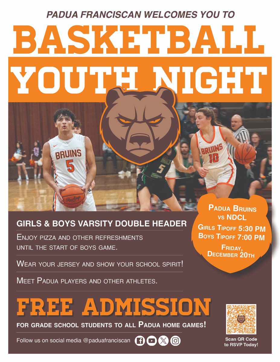 All grade school students are invited to our Girls and Boys Basketball Youth Night on Friday, December 20th. Tipoff is 5:30pm for Girls Basketball and 7pm for Boys Basketball. Pizza will be served to grade school students from 5:30 - 7pm. Come cheer on the Bruins! 

#FutureBruins