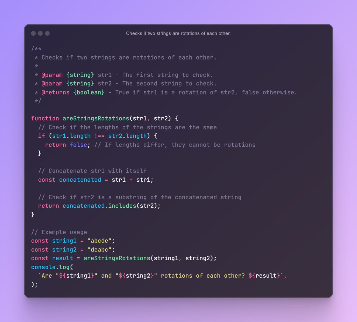 iamtazheeb's tweet image. ⚡Checks if two strings are rotations of each other.
📝 10/12 : String Interview Question(s):
🎯 Day 18 of 75 Days Coding Interview Question (JS)
#javascriptcode #web #javascript #programming #coding #javascriptdeveloper #interviewquestion #tazheeb #tazheeb_shamsi #coding_quest
