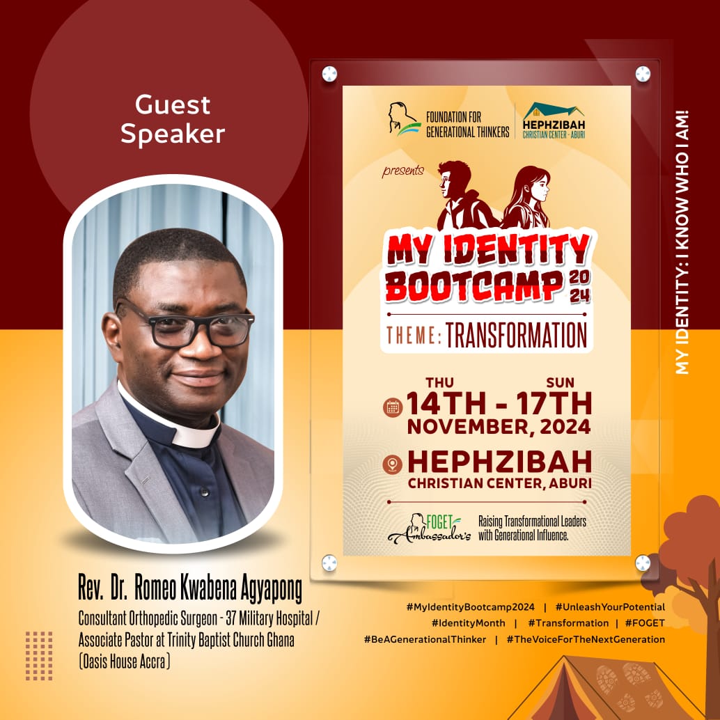 Fogetgh's tweet photo. 🌟 Meet our Guest Speaker for #MyIdentityBootcamp2024 – Rev. Dr. Romeo Kwabena Agyapong! 🩺👨🏽‍⚕️ As a Consultant Orthopedic Surgeon and Associate Pastor at Trinity Baptist Church Ghana, he’ll dive into Health as a key part of our Identity.
#IdentityMonth #Transformation https://t.co/J943R3UWTi