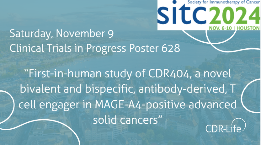 Join us at #SITC2024! We're presenting a poster on CDR404, our innovative T cell engager targeting MAGE-A4 in solid tumors such as lung, bladder &amp; head/neck cancers. Stop by our poster or reach out to connect!