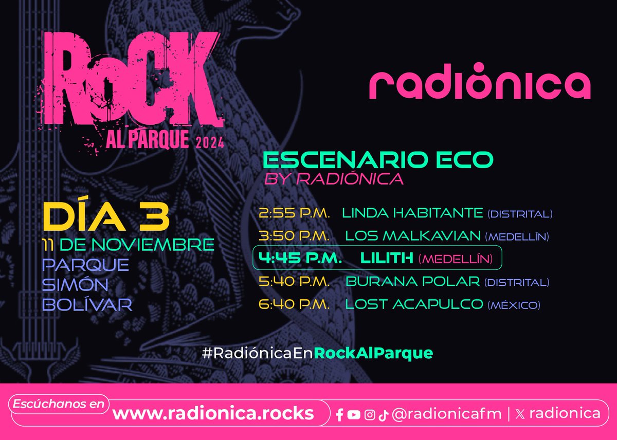🔥 Por tercer año consecutivo, @radionica es la única emisora pública con un escenario propio en <a href="/rockalparquefes/">RockalParqueOFICIAL</a> 

🎸 Conéctate con Radiónica este 9, 10 y 11 de noviembre para seguir el festival de rock gratuito más importante del continente.

⚡ radionica.rocks/en-vivo/radion…