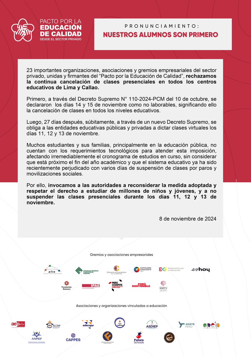 ApeipN's tweet photo. Unidos levantamos nuestra voz e invocamos a las autoridades respetar el derecho a estudiar presencialmente de nuestros millones de niños; adolescentes y jóvenes de nuestro Perú 🇵🇪 @peruaclasesya 

@MineduPeru @drelm_lima @pcmperu @presidenciaperu https://t.co/oS5ZtGcxse