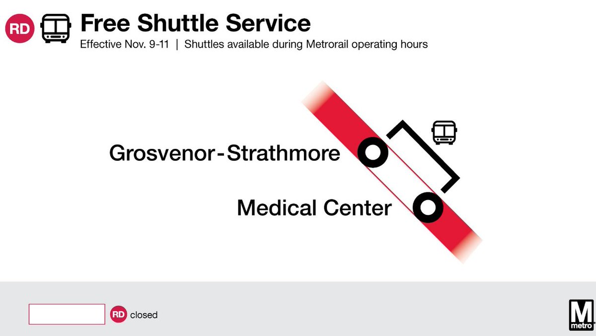 MCDOTNow's tweet photo. ๐ด๐๐ด๐๐ด
#Weekend track work will affect the #Metro Red Line in #montgomerycountymd. #Free #shuttlebuses will replace trains between the Medical Center & Grosvenor stations. Plus, #VeteransDay service information for @Metrorailinfo can be found here ๐https://t.co/fDOp7ozkWv https://t.co/Fvo4D8Iv0C