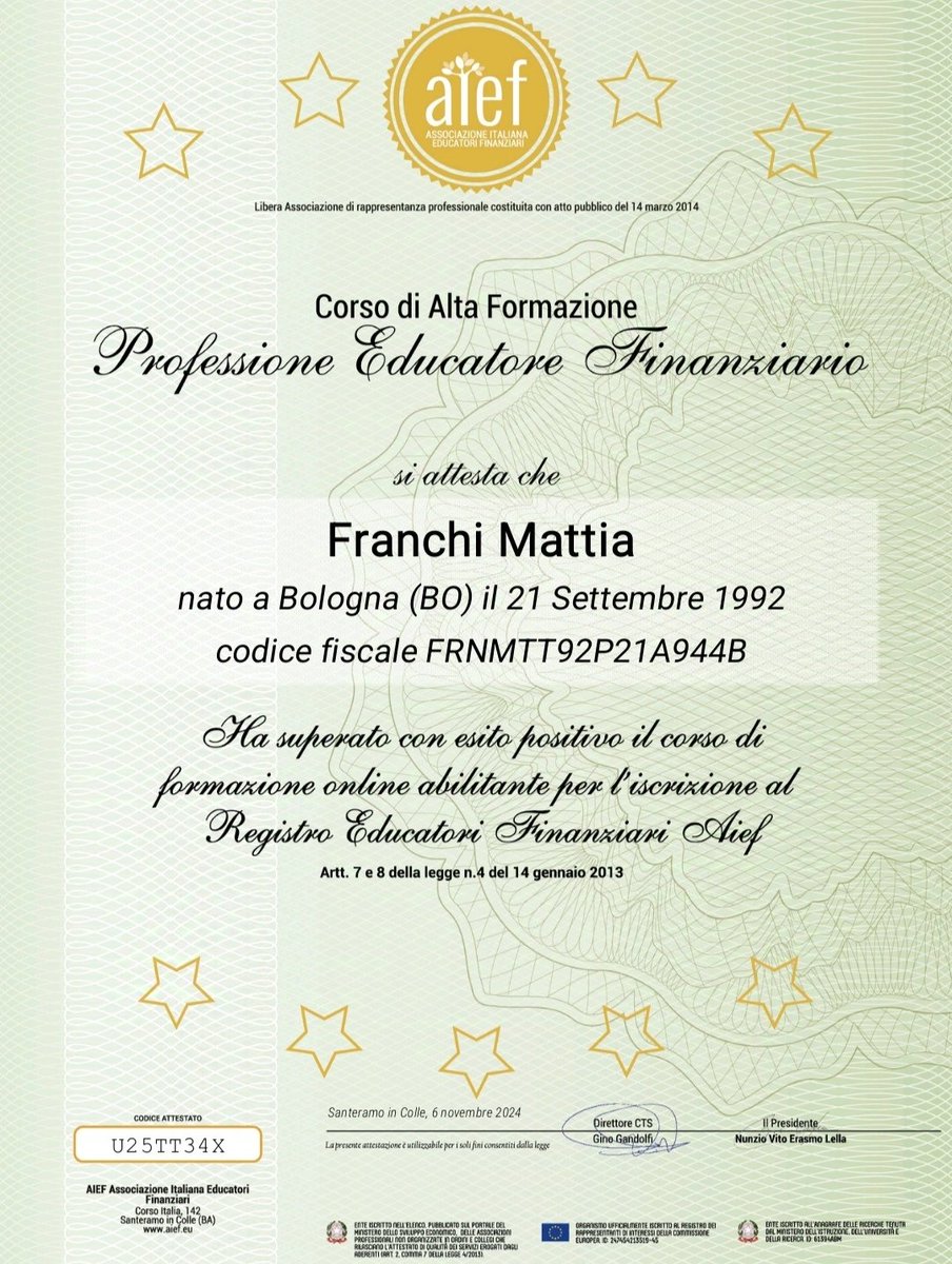 Mattiafr_net's tweet photo. Con immensa gioia e piacere condivido di aver raggiunto un grande traguardo, superando con successo il percorso di:

Educatore Finanziario certificato AIEF, iscritto all'albo. https://t.co/B709uXDC8S
