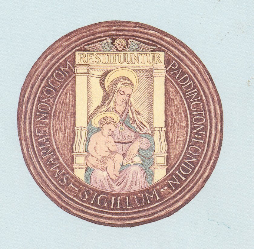 KBrownHistorian's tweet photo. The badge of St Mary’s Hospital, Paddington, redesigned in  1920 &amp; inspired by Raphael’s Ansidei Madonna, on the hospital seal, the Mary’s Penny &amp; plaster casts in nurses’ home &amp; medical school library https://t.co/U1gXrlk004