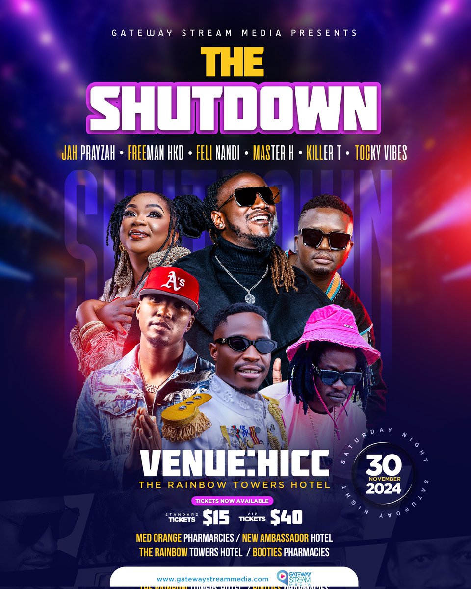 #TheShutdownZw is on, 📍HICC 🗓️ 30 November 2024. <a href="/jahprayzah/">Jah Prayzah</a>, <a href="/MasterH_zw/">Master H</a>, <a href="/realfreemanHKD/">TheNoteBookAlbumOUTNOW</a>, <a href="/tockyvibesoj/">Tocky Vibes</a>, <a href="/NandiFeli/">Feli Nandi</a> &amp; Killer T are ready. Have you secured your tickets? Buy at our physical ticket sale locations or online on gatewaystream.com/event-tickets