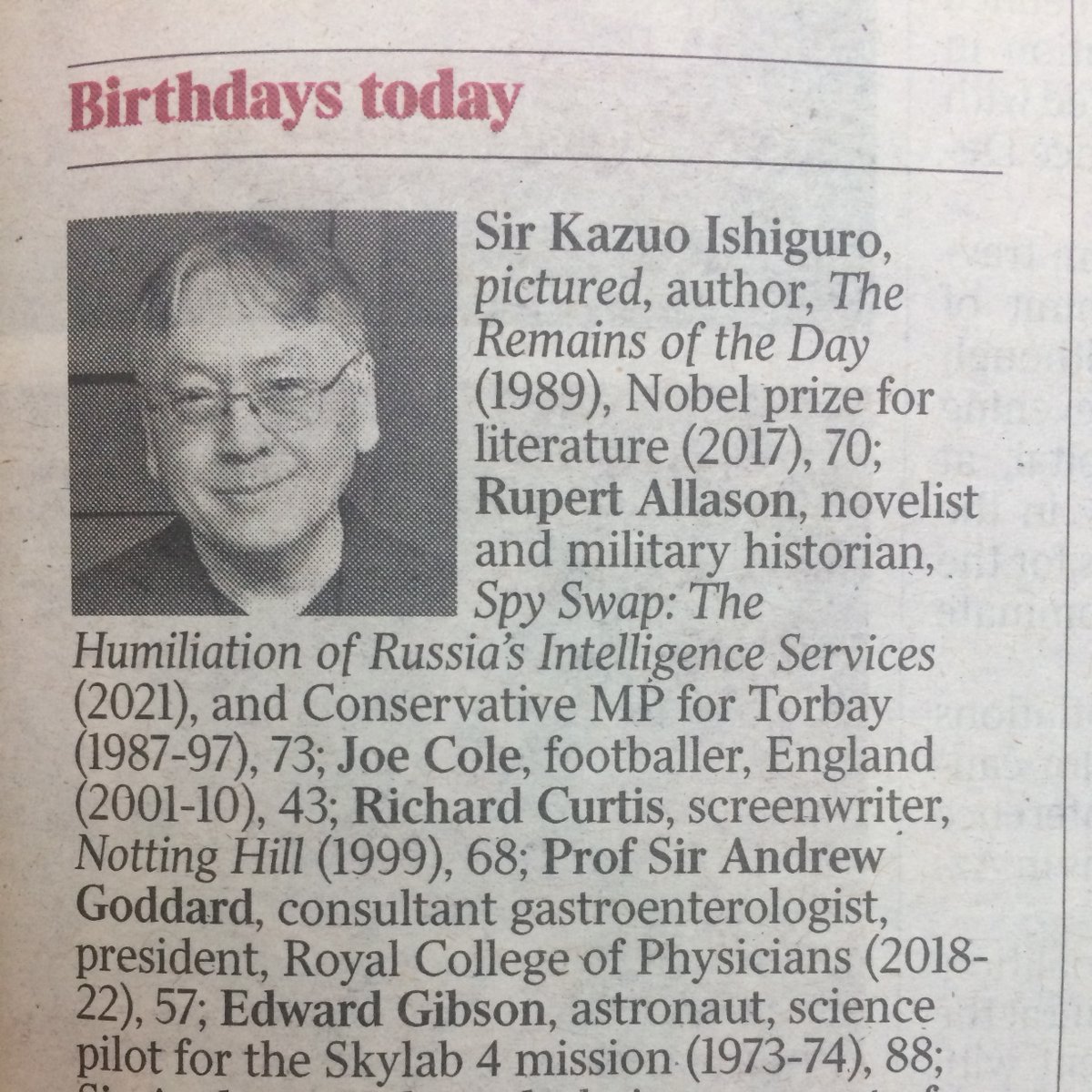 A story from The Times today (8 November 2024), marking the birthday of Sir Kazuo Ishiguro, winner of the Nobel prize for literature (2017).