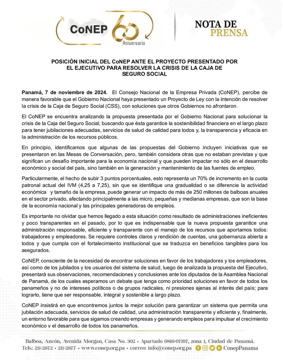 CONEPPanama's tweet photo. El CoNEP, manifiesta que se encuentra analizando la propuesta presentada por el Gobierno Nacional para solucionar la crisis de la Caja del Seguro Social, buscando que ésta garantice la sostenibilidad financiera en el largo plazo. https://t.co/B1m7euEcrL