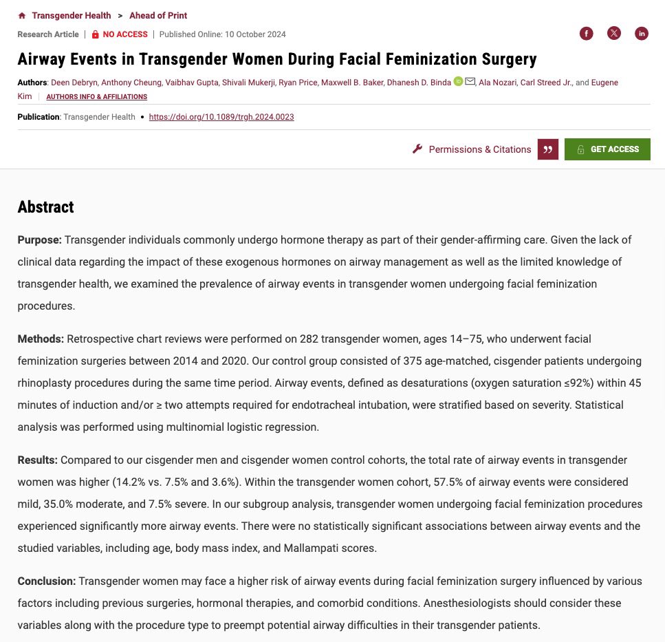 Dhanesh D. Binda, MD (@dhaneshbinda) on Twitter photo In our new retrospective study <a href="/TransgenderHlth/">Transgender Health</a>, we found that transgender women undergoing facial feminization surgeries may face a higher risk of airway events, making prior surgeries, hormonal therapies, and comorbidities crucial for airway management.
authorcite.com/view.aspx?doi=… In our new retrospective study <a href="/TransgenderHlth/">Transgender Health</a>, we found that transgender women undergoing facial feminization surgeries may face a higher risk of airway events, making prior surgeries, hormonal therapies, and comorbidities crucial for airway management.
authorcite.com/view.aspx?doi=…